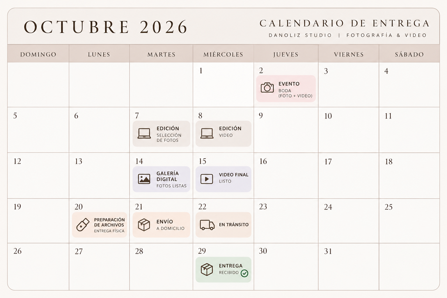 Calendario de entrega octubre 2026