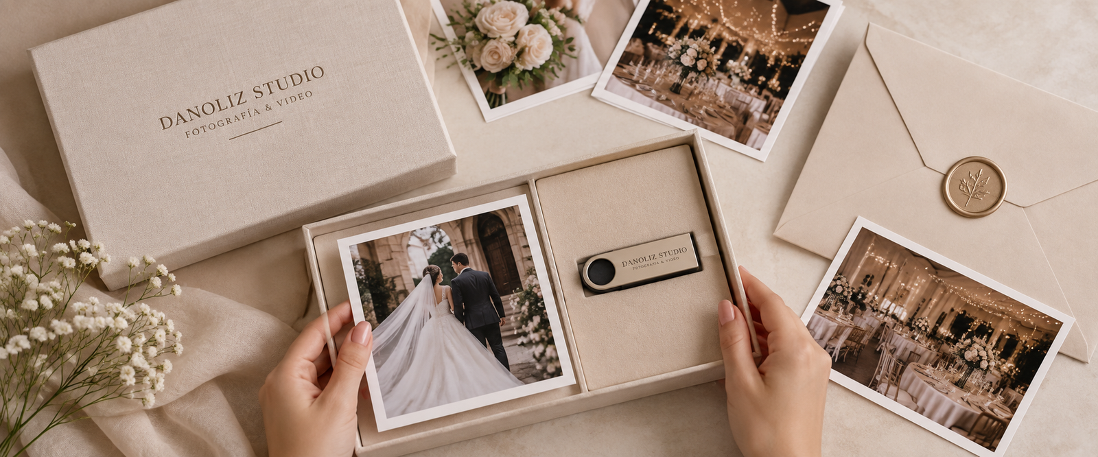 Entrega fotográfica elegante de boda